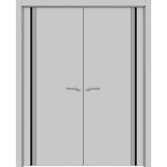 Solid French Double Doors 56 x 96 inches | Planum 0011 Grey Matte with Frosted Glass | Wood Solid Panel Frame Trims | Closet Bedroom Sturdy Doors
