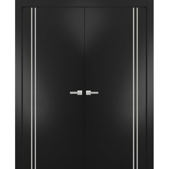 Solid French Double Doors 56 x 96 inches | Planum 0310 Matte Black with Frosted Glass | Wood Solid Panel Frame Trims | Closet Bedroom Sturdy Doors