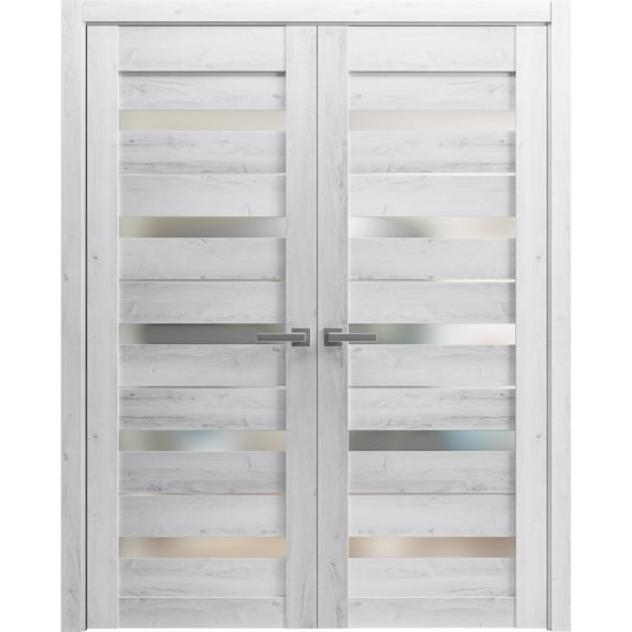 Solid French Double Doors 56 x 96 inches | Quadro 4445 Nordic White with Frosted Glass | Wood Solid Panel Frame Trims | Closet Bedroom Sturdy Doors