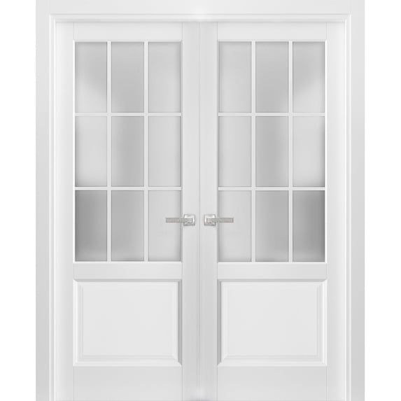 Solid French Double Doors 60 x 80 inches Frosted Glass 9 Lites