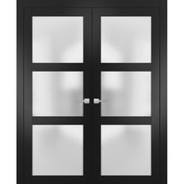 Sartodoors Lucia 2552 Matte Black Solid French Double Doors with Frosted Glass | Wood Panel Frame with Trim | Sturdy Doors for Closet or Bedroom | 60 x 80 inches