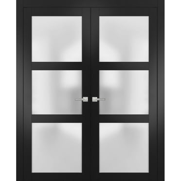 Sartodoors Lucia 2552 Matte Black Solid French Double Doors with Frosted Glass | Wood Panel Frame with Trim | Sturdy Doors for Closet or Bedroom | 60 x 80 inches