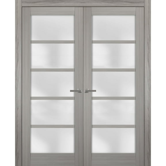 Solid French Double Doors 60 x 80 inches Frosted Glass | Quadro 4002 Grey Ash | Wood Solid Panel Frame Trims | Closet Bedroom Sturdy Doors
