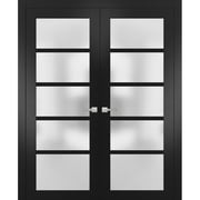 Solid French Double Doors 60 x 80 inches Frosted Glass | Quadro 4002 Matte Black | Wood Solid Panel Frame Trims | Closet Bedroom Sturdy Doors