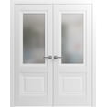thumbnail image 1 of Solid French Double Doors 60 x 80 inches | Lucia 8822 White Silk with Frosted Glass | Wood Solid Panel Frame Trims | Closet Bedroom Sturdy Doors, 1 of 6