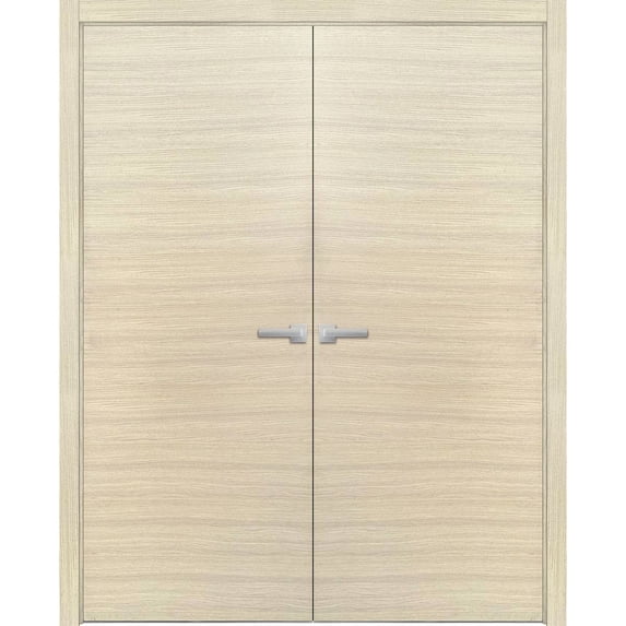 Solid French Double Doors 60 x 80 inches | Planum 0010 Natural Veneer | Wood Solid Panel Frame Trims | Closet Bedroom Sturdy Doors