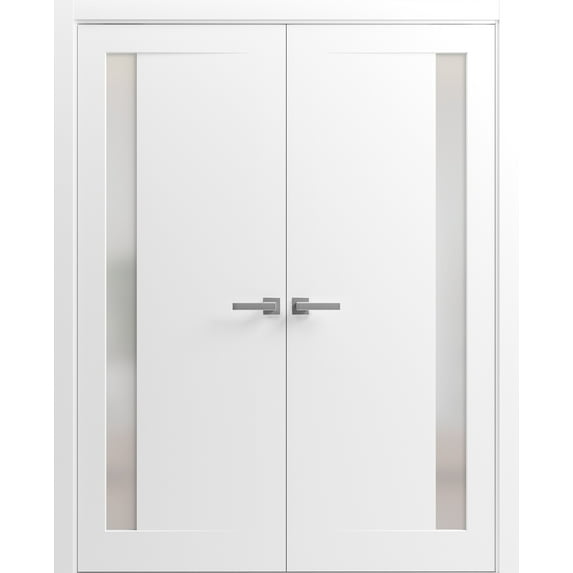 Solid French Double Doors 60 x 80 inches | Planum 0660 Painted White with Frosted Glass | Wood Solid Panel Frame Trims | Closet Bedroom Sturdy Doors
