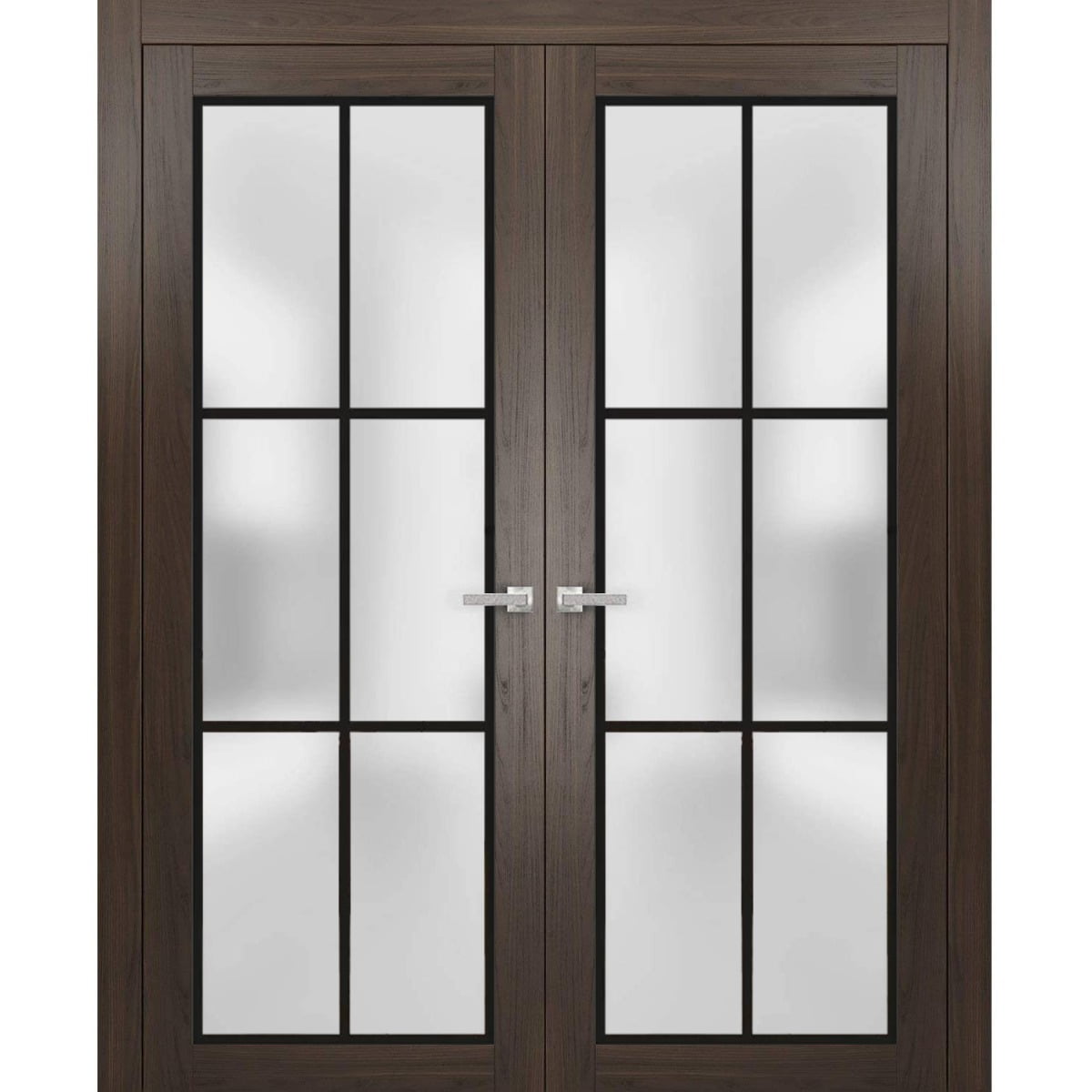 Chocolate Ash French Double Doors with Frosted Glass Panels, 60 x 80 inches