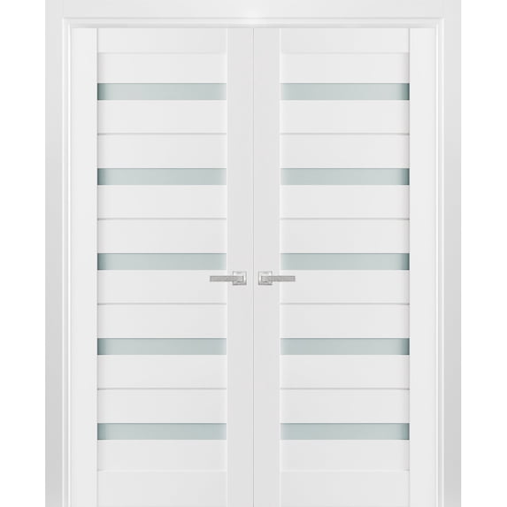 Solid French Double Doors 60 x 84 inches Frosted Glass | Quadro 4445 White Silk | Wood Solid Panel Frame Trims | Closet Bedroom Sturdy Doors