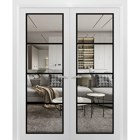 Solid French Double Doors 60 x 84 inches | Lucia 2466 White Silk Clear Glass | Wood Solid Panel Frame Trims | Closet Bedroom Sturdy Doors