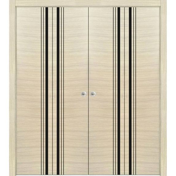 Solid French Double Doors 60 x 84 inches | Planum 0011 Natural Veneer with Frosted Glass | Wood Solid Panel Frame Trims | Closet Bedroom Sturdy Doors