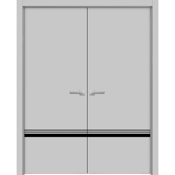 Solid French Double Doors 60 x 84 inches | Planum 0012 Grey Matte with Frosted Glass | Wood Solid Panel Frame Trims | Closet Bedroom Sturdy Doors