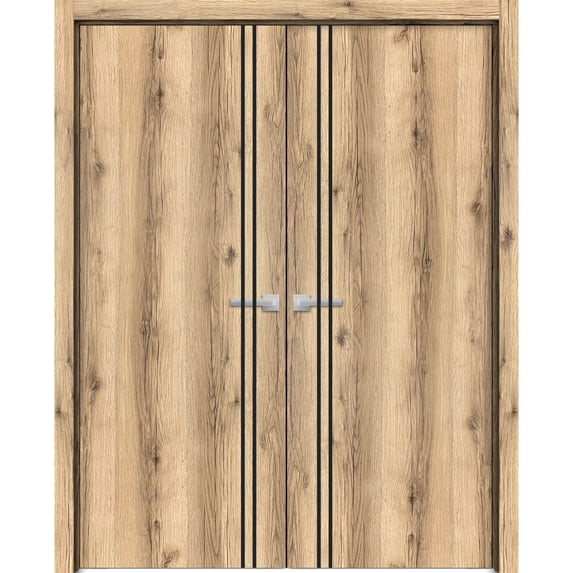 Solid French Double Doors 60 x 84 inches | Planum 0016 Oak with Frosted Glass | Wood Solid Panel Frame Trims | Closet Bedroom Sturdy Doors