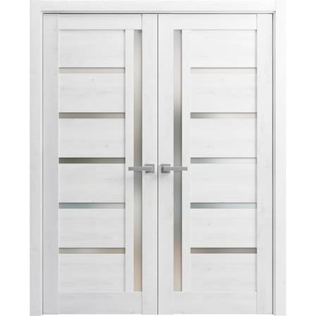 Solid French Double Doors 60 x 84 inches | Quadro 4088 Nordic White with Frosted Glass | Wood Solid Panel Frame Trims | Closet Bedroom Sturdy Doors