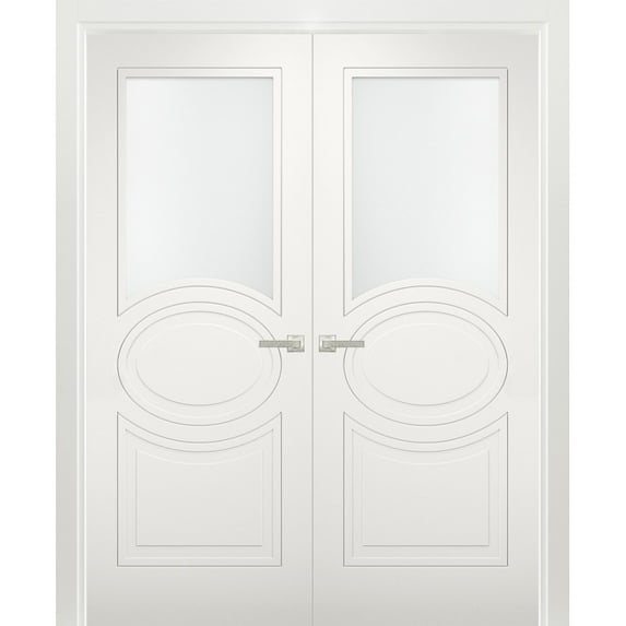 Solid French Double Doors 60 x 96 inches Opaque Glass / Mela 7012 Matte White / Wood Solid Panel Frame / Closet Bedroom Modern Doors