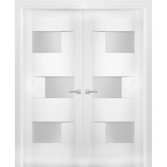 Solid French Double Doors 60 x 96 inches Opaque Glass / Sete 6933 White Silk / Wood Solid Panel Frame / Closet Bedroom Modern Doors