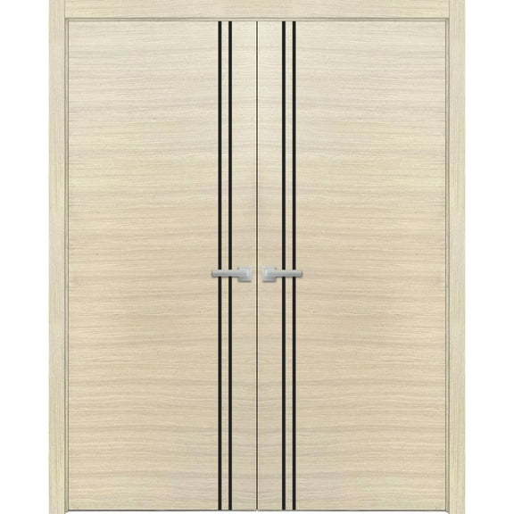 Solid French Double Doors 60 x 96 inches | Planum 0016 Natural Veneer with Frosted Glass | Wood Solid Panel Frame Trims | Closet Bedroom Sturdy Doors