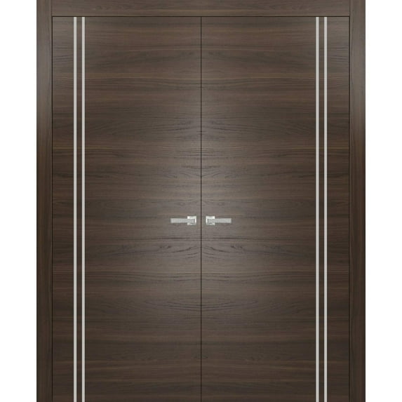 Solid French Double Doors 60 x 96 inches | Planum 0310 Chocolate Ash with Frosted Glass | Wood Solid Panel Frame Trims | Closet Bedroom Sturdy Doors