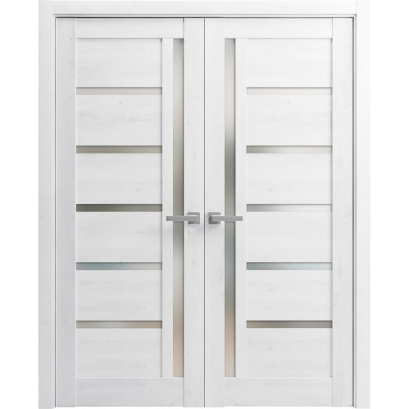 Solid French Double Doors 60 x 96 inches | Quadro 4088 Nordic White with Frosted Glass | Wood Solid Panel Frame Trims | Closet Bedroom Sturdy Doors