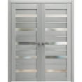 thumbnail image 1 of Solid French Double Doors 60 x 96 inches | Quadro 4445 Light Grey Oak with Frosted Glass | Wood Solid Panel Frame Trims | Closet Bedroom Sturdy Doors, 1 of 6