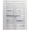 thumbnail image 1 of Solid French Double Doors 60 x 96 inches | Quadro 4445 Nordic White with Frosted Glass | Wood Solid Panel Frame Trims | Closet Bedroom Sturdy Doors, 1 of 6