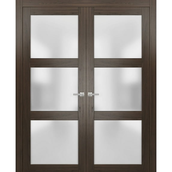 Solid French Double Doors 64 x 80 inches Frosted Glass | Lucia 2552 Chocolate Ash | Wood Solid Panel Frame Trims | Closet Bedroom Sturdy Doors