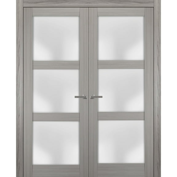 Solid French Double Doors 64 x 80 inches Frosted Glass | Lucia 2552 Grey Ash | Wood Solid Panel Frame Trims | Closet Bedroom Sturdy Doors