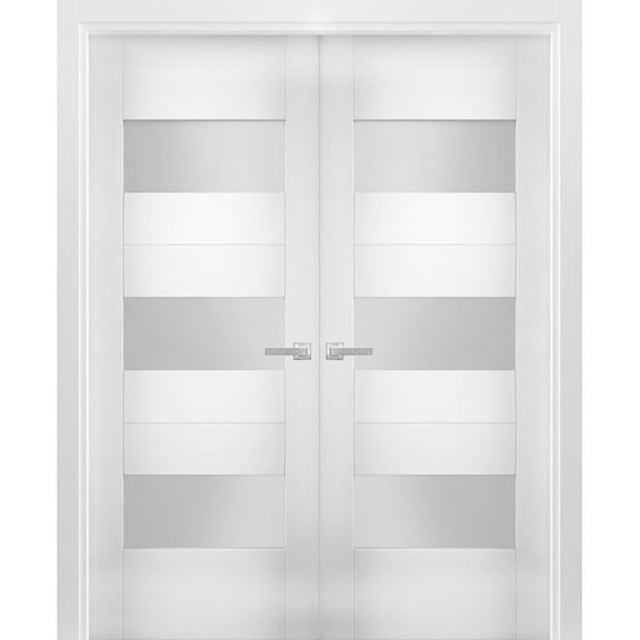 Solid French Double Doors 64 x 80 inches Opaque Glass / Sete 6003 White Silk / Wood Solid Panel Frame / Closet Bedroom Modern Doors
