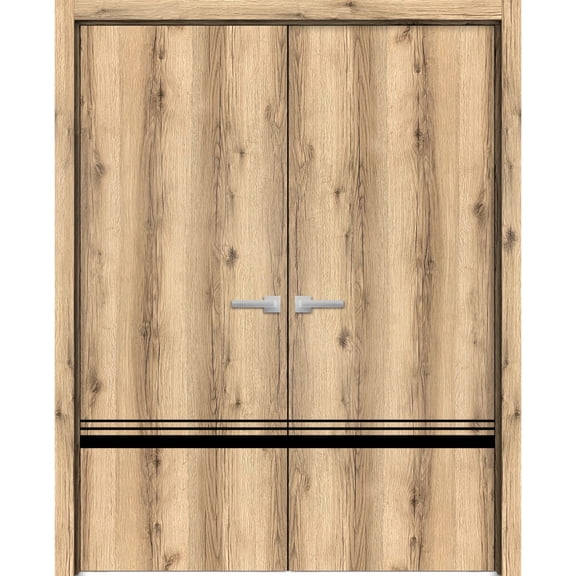 Solid French Double Doors 64 x 80 inches | Planum 0012 Oak with Frosted Glass | Wood Solid Panel Frame Trims | Closet Bedroom Sturdy Doors