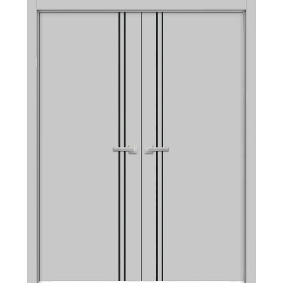 Solid French Double Doors 64 x 80 inches | Planum 0016 Grey Matte with Frosted Glass | Wood Solid Panel Frame Trims | Closet Bedroom Sturdy Doors