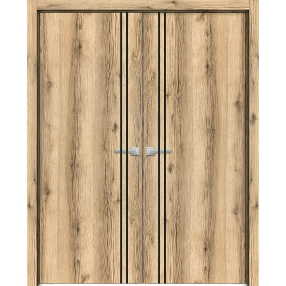Solid French Double Doors 64 x 80 inches | Planum 0016 Oak with Frosted Glass | Wood Solid Panel Frame Trims | Closet Bedroom Sturdy Doors