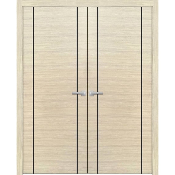 Solid French Double Doors 64 x 80 inches | Planum 0017 Natural Veneer with Frosted Glass | Wood Solid Panel Frame Trims | Closet Bedroom Sturdy Doors