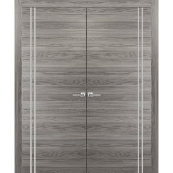Solid French Double Doors 64 x 80 inches | Planum 0310 Ginger Ash with Frosted Glass | Wood Solid Panel Frame Trims | Closet Bedroom Sturdy Doors