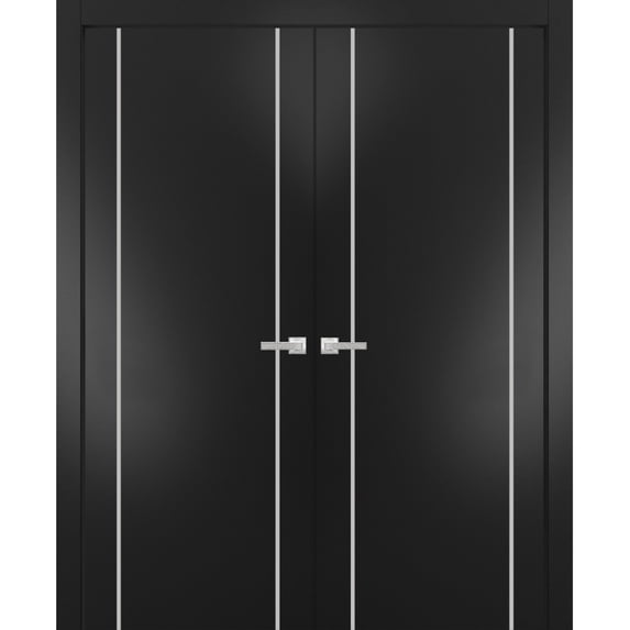 Solid French Double Doors 64 x 80 inches | Planum 0410 Matte Black with Frosted Glass | Wood Solid Panel Frame Trims | Closet Bedroom Sturdy Doors