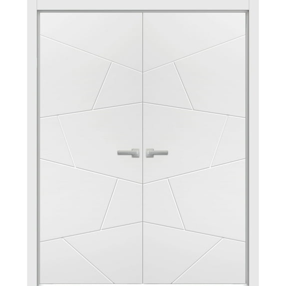 Solid French Double Doors 64 x 80 inches | Planum 0990 Painted White | Wood Solid Panel Frame Trims | Closet Bedroom Sturdy Doors