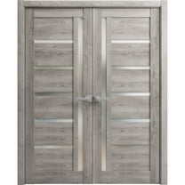 Solid French Double Doors 64 x 80 inches | Quadro 4088 Nebraska Grey with Frosted Glass | Wood Solid Panel Frame Trims | Closet Bedroom Sturdy Doors