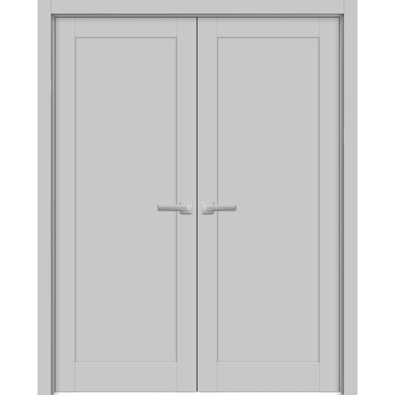 Solid French Double Doors 64 x 80 inches | Quadro 4111 Matte Grey | Wood Solid Panel Frame Trims | Closet Bedroom Sturdy Doors