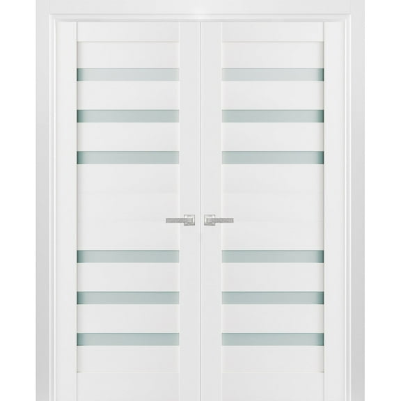 Solid French Double Doors 64 x 84 inches Frosted Glass | Quadro 4266 White Silk | Wood Solid Panel Frame Trims | Closet Bedroom Sturdy Doors