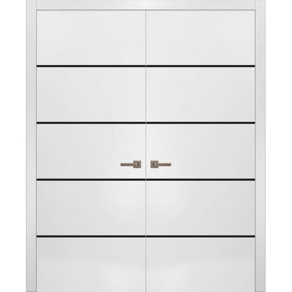 Solid French Double Doors 64 x 84 inches | Planum 0015 White Silk with Frosted Glass | Wood Solid Panel Frame Trims | Closet Bedroom Sturdy Doors