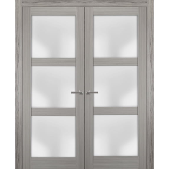 Solid French Double Doors 64 x 96 inches Frosted Glass | Lucia 2552 Grey Ash | Wood Solid Panel Frame Trims | Closet Bedroom Sturdy Doors
