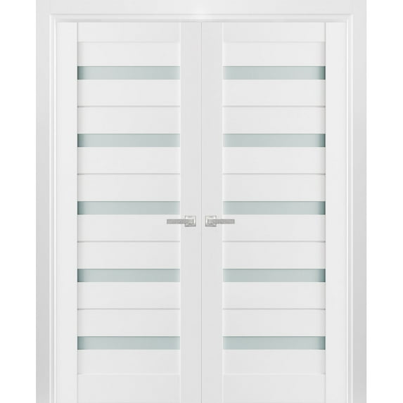Solid French Double Doors 64 x 96 inches Frosted Glass | Quadro 4445 White Silk | Wood Solid Panel Frame Trims | Closet Bedroom Sturdy Doors