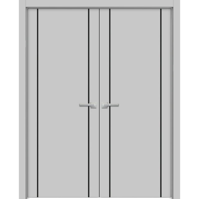 Solid French Double Doors 64 x 96 inches | Planum 0016 Grey Matte with Frosted Glass | Wood Solid Panel Frame Trims | Closet Bedroom Sturdy Doors