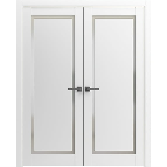 Solid French Double Doors 64 x 96 inches | Planum 0888 Painted White with Frosted Glass | Wood Solid Panel Frame Trims | Closet Bedroom Sturdy Doors
