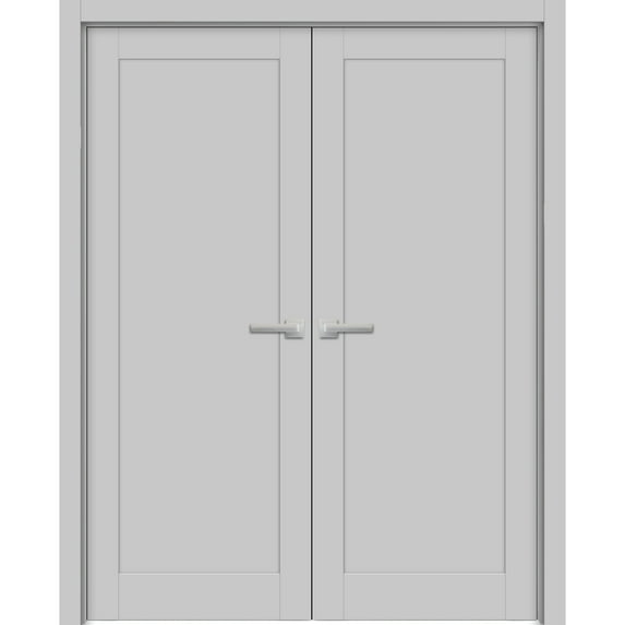 Solid French Double Doors 64 x 96 inches | Quadro 4111 Matte Grey | Wood Solid Panel Frame Trims | Closet Bedroom Sturdy Doors