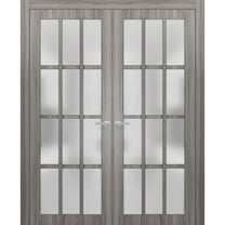 Solid French Double Doors 72 x 80 inches Frosted Glass 12 Lites | Felicia 3312 Ginger Ash Gray | Single Regural Panel Frame Trims | Bathroom Bedroom Sturdy Doors