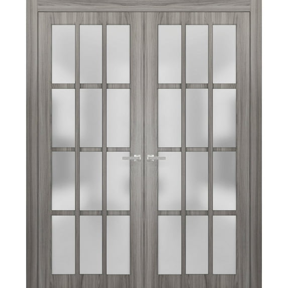 Solid French Double Doors 72 x 80 inches Frosted Glass 12 Lites | Felicia 3312 Ginger Ash Gray | Single Regural Panel Frame Trims | Bathroom Bedroom Sturdy Doors