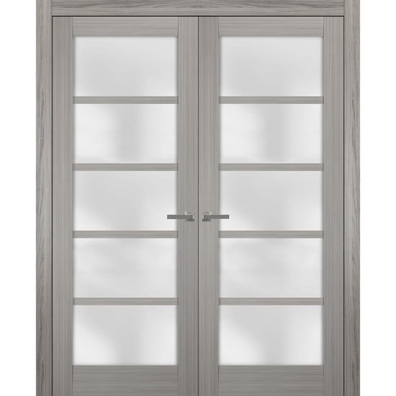Solid French Double Doors 72 x 80 inches Frosted Glass | Quadro 4002 Grey Ash | Wood Solid Panel Frame Trims | Closet Bedroom Sturdy Doors