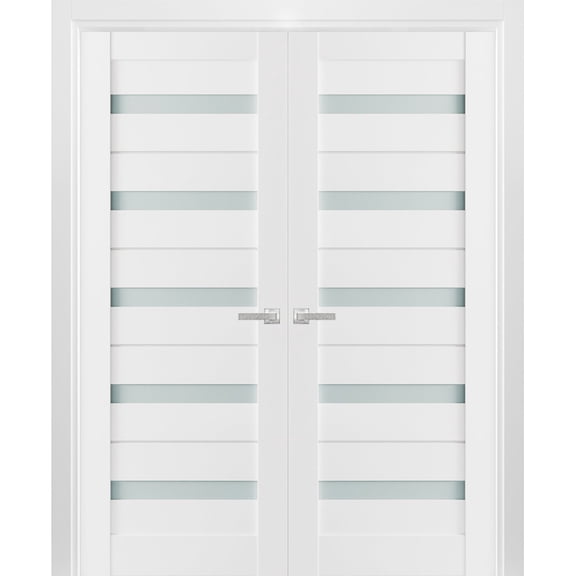 Solid French Double Doors 72 x 80 inches Frosted Glass | Quadro 4445 White Silk | Wood Solid Panel Frame Trims | Closet Bedroom Sturdy Doors