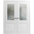 thumbnail image 1 of Solid French Double Doors 72 x 80 inches | Lucia 8822 White Silk with Frosted Glass | Wood Solid Panel Frame Trims | Closet Bedroom Sturdy Doors, 1 of 6