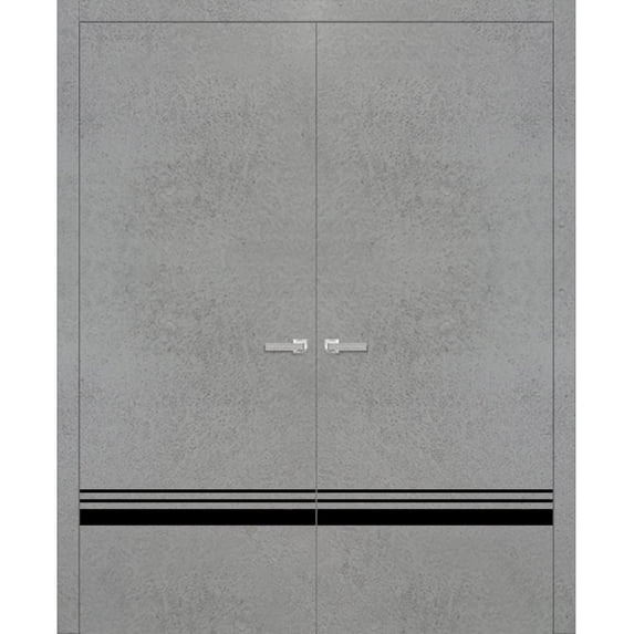 Solid French Double Doors 72 x 80 inches | Planum 0012 Concrete with Frosted Glass | Wood Solid Panel Frame Trims | Closet Bedroom Sturdy Doors